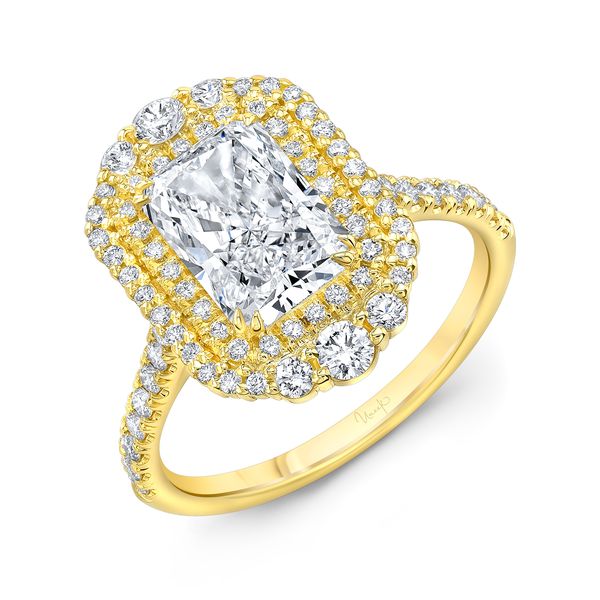 Uneek Petals Radiant Cut Diamond Double Halo Engagement Ring Pickens Jewelers, Inc. Atlanta, GA
