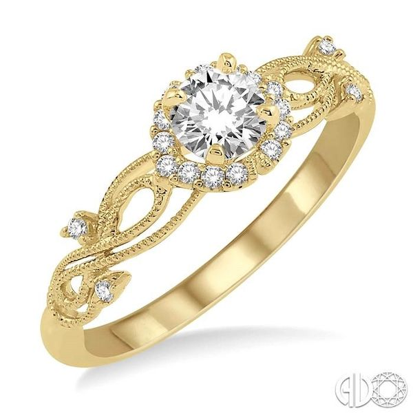 14K Yellow Gold Three Stone Diamond Engagement Ring with Scroll