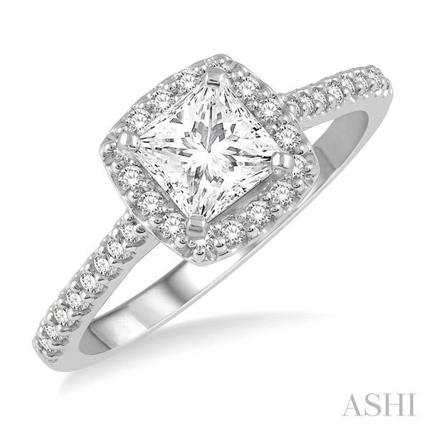 1 ctw Cushion Shape Round Cut Diamond Engagement Ring With 3/4 Princess Cut Center Stone in 14K White Gold Grogan Jewelers Florence, AL