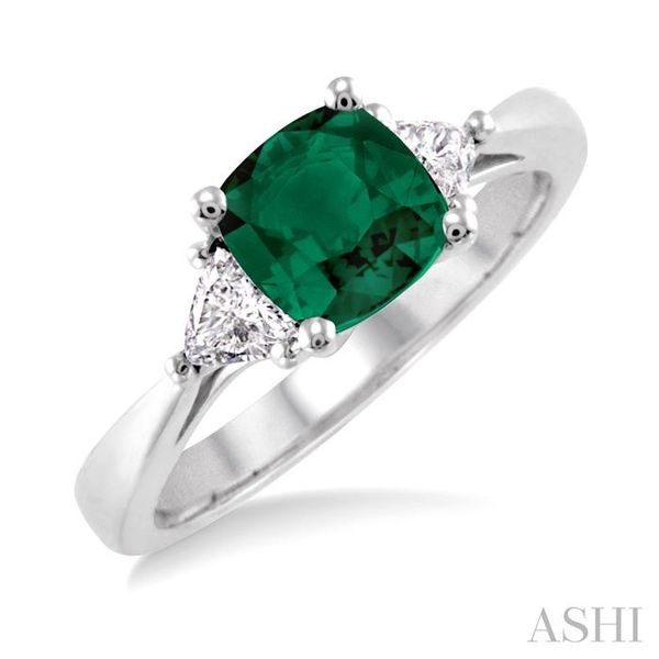 6x6MM Cushion Cut Emerald and 1/3 Ctw Trillion Cut Diamond Ring in 14K White Gold Grogan Jewelers Florence, AL