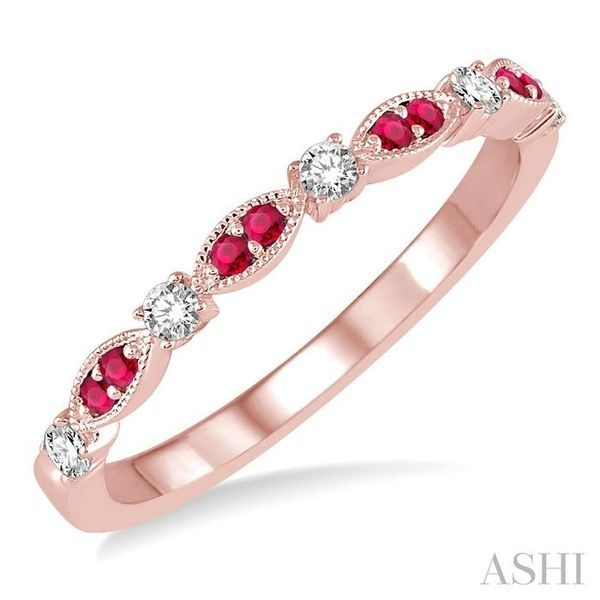 1/6 Ctw Round Cut Diamond and 1.35mm Ruby Precious Stone Wedding Band in 14K Rose Gold Grogan Jewelers Florence, AL
