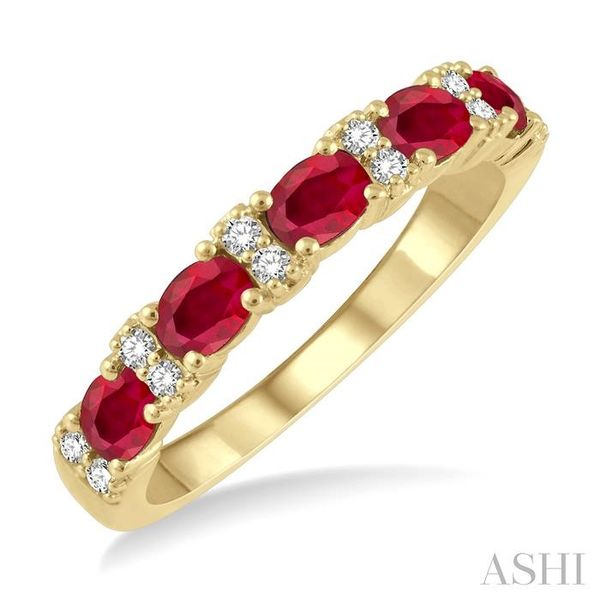 1/6 ctw Oval Shape 4x3MM Ruby and Round Cut Diamond Precious Band in 14K Yellow Gold Grogan Jewelers Florence, AL