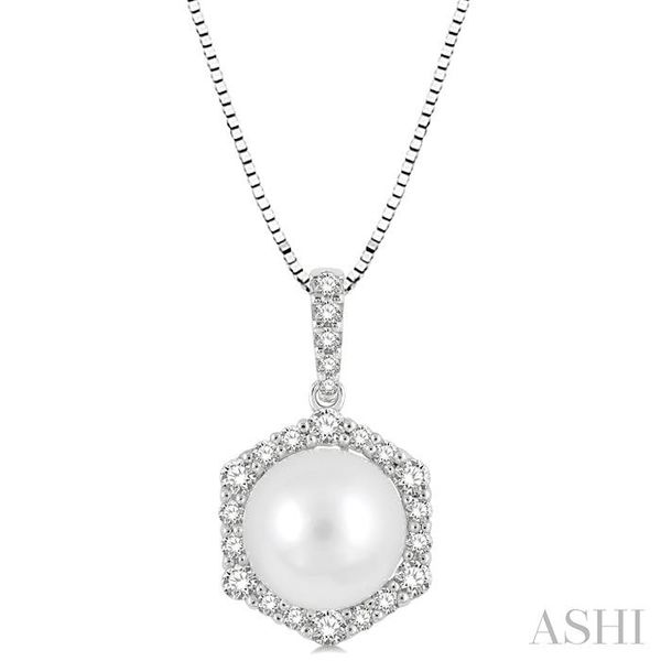 8X8MM Pearl and 1/3 Ctw Hexagon Shape Round Cut Diamond Pendant With Chain in 14K White Gold Grogan Jewelers Florence, AL