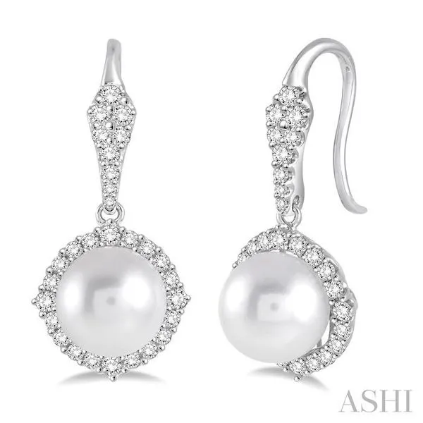 8x8 MM White Cultured Pearl and 5/8 Ctw Round Cut Diamond Earrings in 14K White Gold similar item image