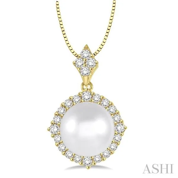 10x10 MM White Cultured Pearl and 1/2 Ctw Round Cut Diamond Pendant in 14K Yellow Gold with chain similar item image