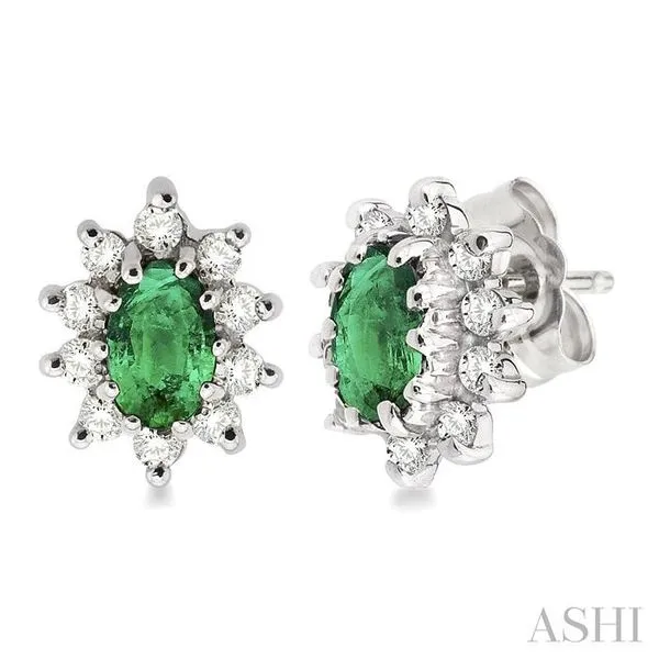 5x3MM Oval Cut Emerald and 1/4 Ctw Round Cut Diamond Earrings in 14K White Gold similar item image