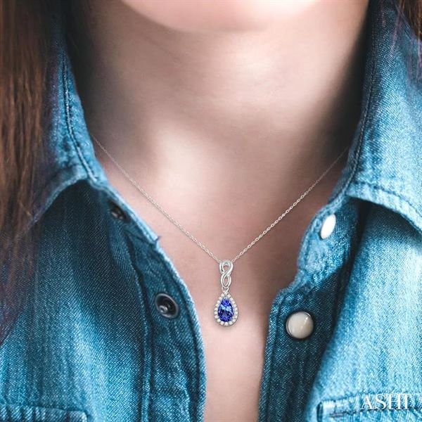 6x4 MM Pear Shape Tanzanite and 1/10 Ctw Round Cut Diamond Pendant in 14K  White Gold with Chain