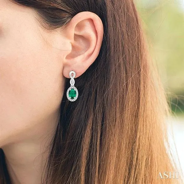 5x3 MM Oval Cut Emerald and 1/6 Ctw Round Cut Diamond Ear...