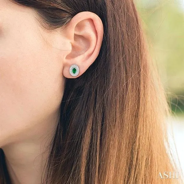 5x3MM Oval Cut Emerald and 1/4 Ctw Round Cut Diamond Earr...