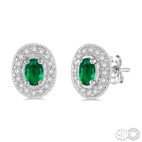 5x3MM Oval Cut Emerald and 1/4 Ctw Round Cut Diamond Earr...