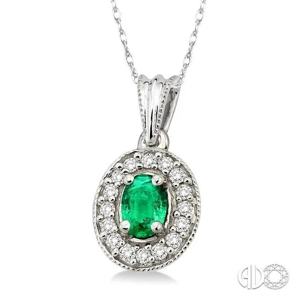 6x4mm Oval Cut Emerald and 1/5 Ctw Round Cut Diamond Pend...