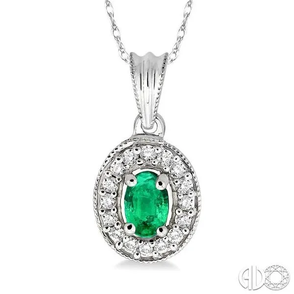 6x4mm Oval Cut Emerald and 1/5 Ctw Round Cut Diamond Pend...