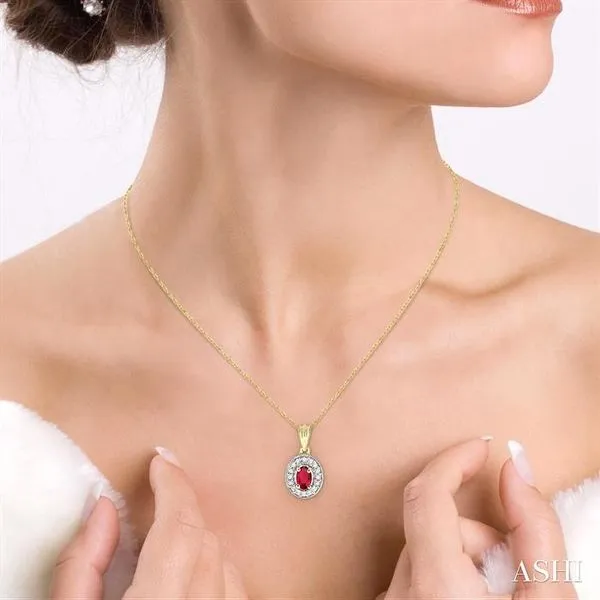 6x4mm Oval Cut Ruby and 1/5 Ctw Round Cut Diamond Pendant...