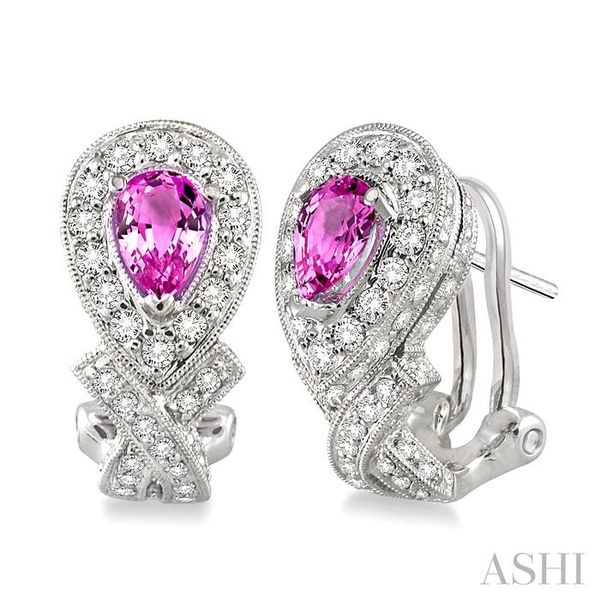 6x4mm Pear Shape Pink Sapphire and 1 Ctw Round Cut Diamond Earrings in 14K White Gold Grogan Jewelers Florence, AL