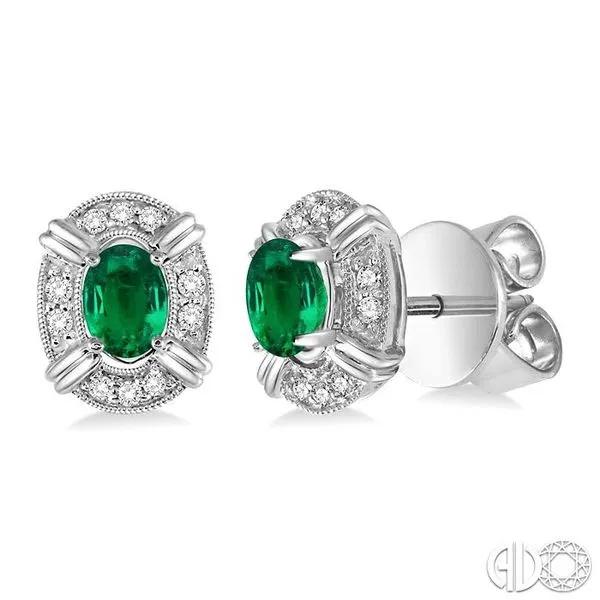 14k Yellow Gold Oval Emerald And Diamond Earrings