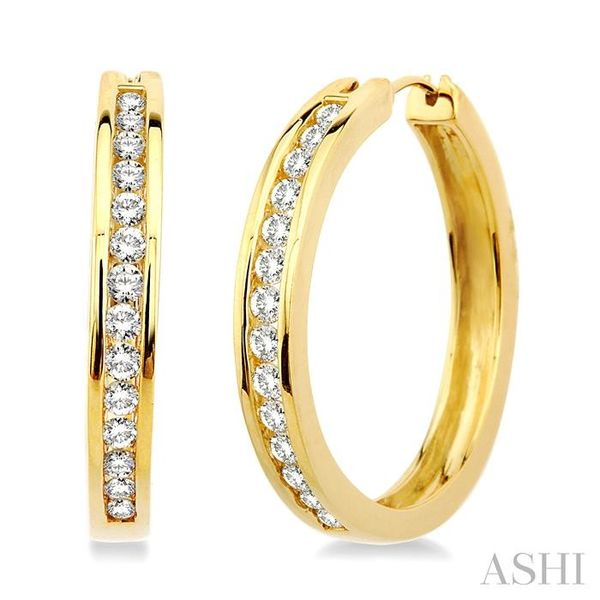 1 Ctw Channel Set Round Cut Diamond Hoop Earrings in 10K Yellow Gold Grogan Jewelers Florence, AL