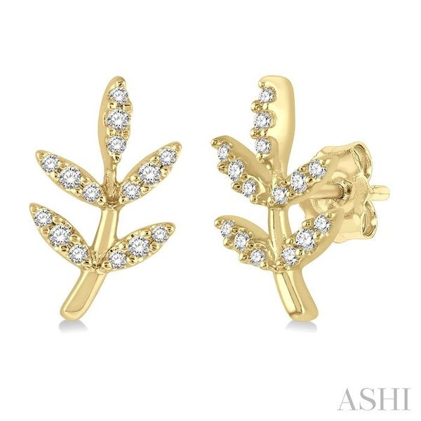 1/8 ctw Leaf Motif Round Cut Diamond Petite Fashion Stud Earring in 14K Yellow Gold Grogan Jewelers Florence, AL