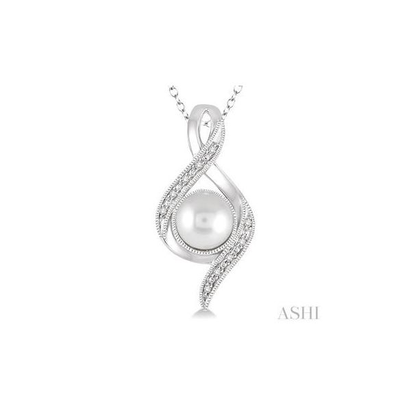 7x7 MM Cultured Pearl and 1/20 Ctw Round Cut Diamond Pendant in Sterling Silver with Chain Image 3 Grogan Jewelers Florence, AL