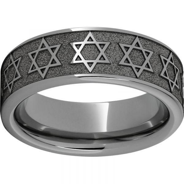 Rugged Tungsten Pipe Cut Band with Star of David Laser Engraving Grogan Jewelers Florence, AL