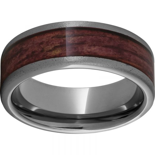 Rugged Tungsten 8mm Pipe Cut Band with Cabernet Barrel Aged Inlay and Stone Finish Grogan Jewelers Florence, AL