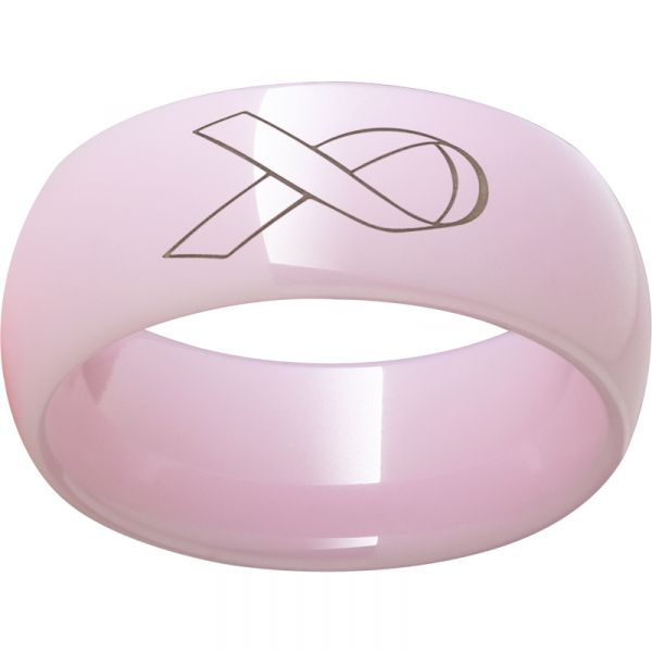 Pink Diamond Ceramic Domed Ring with Breast Cancer Ribbon Laser Engraving Grogan Jewelers Florence, AL