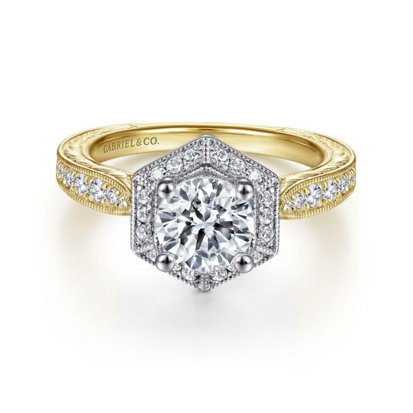 Gabriel & Co. - ER14499R4M44JJ - Art Deco 14K White-Yellow Gold Hexagonal Halo Round Diamond Engagement Ring Hannoush Jewelers, Inc. Albany, NY