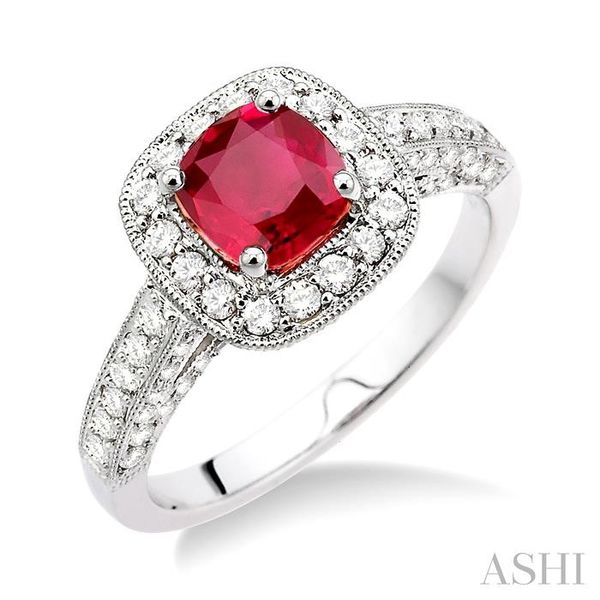 6x6mm Cushion Cut Ruby and 7/8 Ctw Round Cut Diamond Ring in 14K White Gold Hart's Jewelers Grants Pass, OR