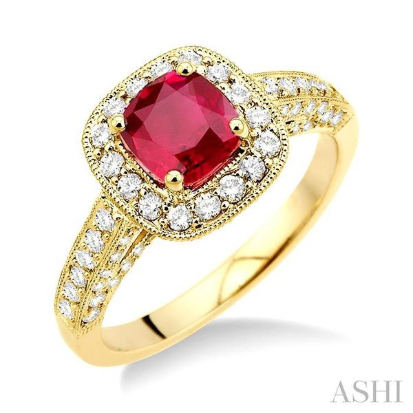6x6mm Cushion Cut Ruby and 7/8 Ctw Round Cut Diamond Ring in 14K Yellow Gold Hart's Jewelers Grants Pass, OR