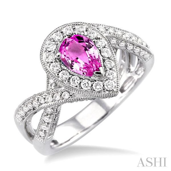 7x5mm Pear Shape Pink Sapphire and 3/4 Ctw Round Cut Diamond Ring in 14K White Gold Hart's Jewelers Grants Pass, OR