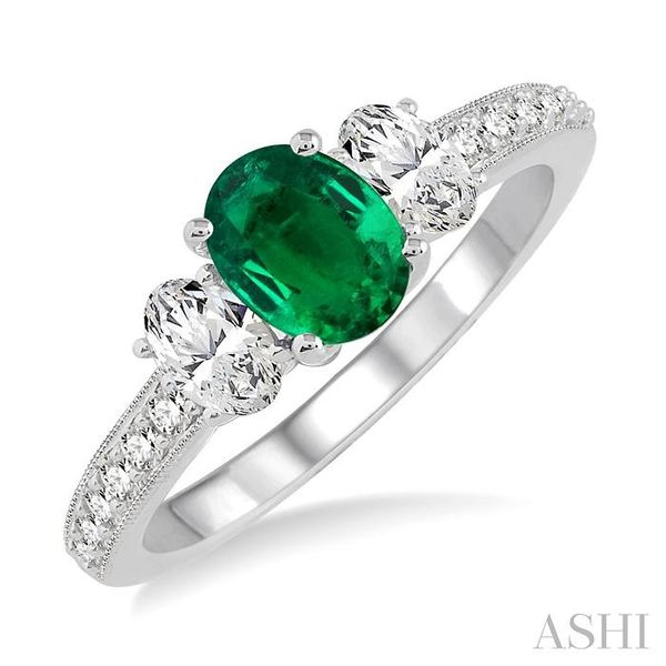7X5mm Oval Shape Emerald and 3/4 Ctw Round Cut Diamond Ring in 14K White Gold Hart's Jewelers Grants Pass, OR