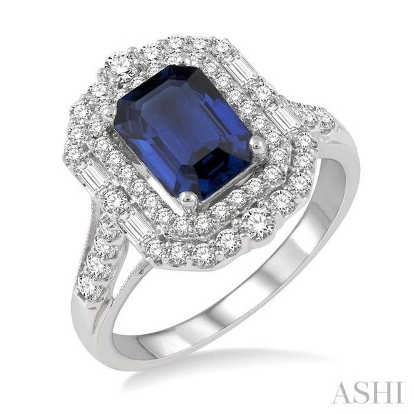 3/4 ctw Octagonal Shape 8x6MM Sapphire, Baguette and Round Cut Diamond Precious Ring in 14K White Gold Hart's Jewelers Grants Pass, OR