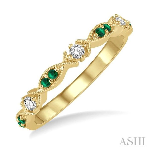1.35 MM Round Cut Green Emerald and 1/10 Ctw Round Cut Diamond Half Eternity Wedding Band in 14K Yellow Gold Hart's Jewelers Grants Pass, OR