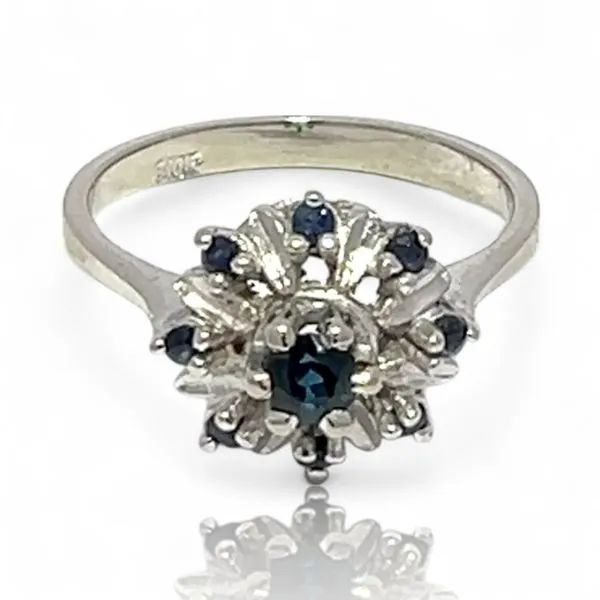 10k White Gold Round Blue Sapphire Cluster Ring Size 6