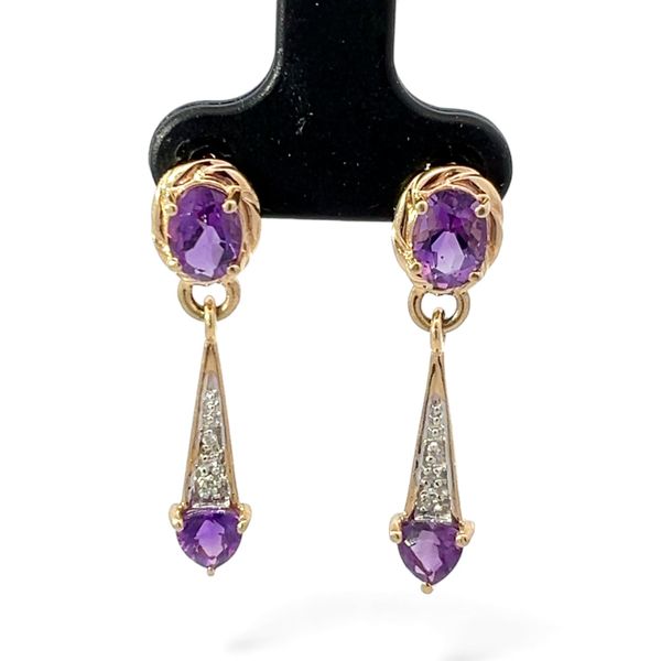 14k Yellow Gold Amethyst and Brilliant Cut Diamond Dangling Earrings