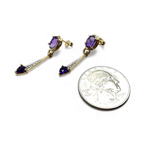 14k Yellow Gold Amethyst and Brilliant Cut Diamond Dangling Earrings