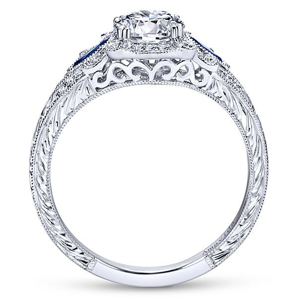18k White Gold Hand Antique Engraved Diamond and Sapphire En