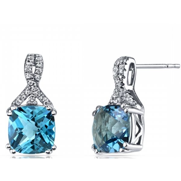14K White Gold Swiss Blue Topaz Earrings Ribbon Design Cushi