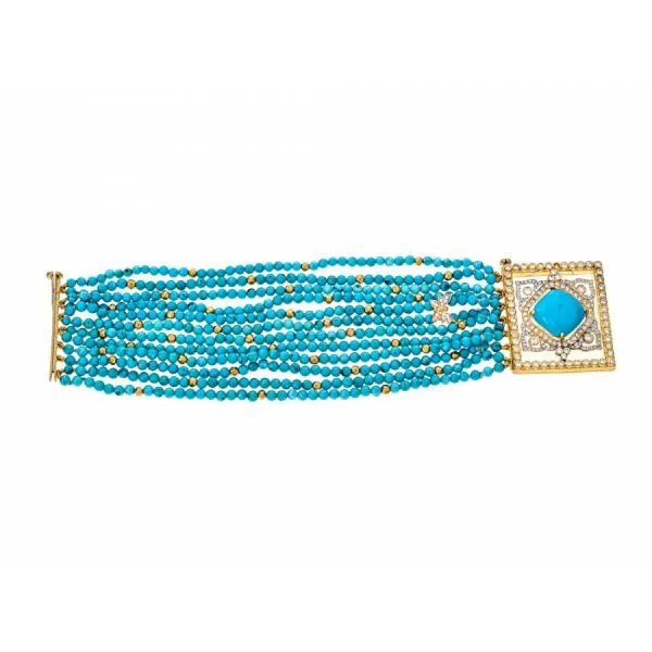 18K Yellow Gold Turquoise & Diamond Beaded Frame Bracelet