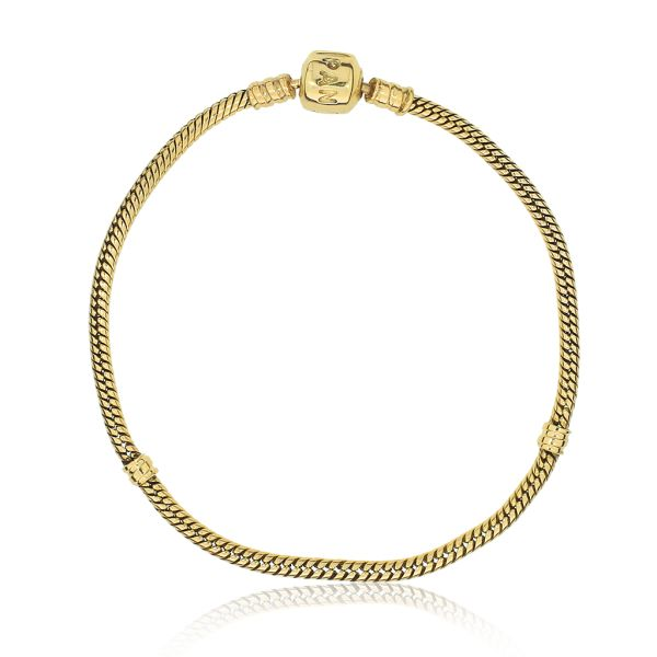 Pandora Moments 14K Yellow Gold Snake Chain Bracelet with 3 Charms Diamond +box