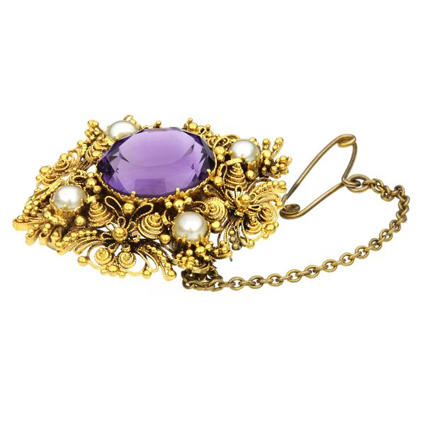 18K Amethyst & Pearl Filigree Brooch with Safety Pin Image 3 Purple Creek Holly Springs, NC