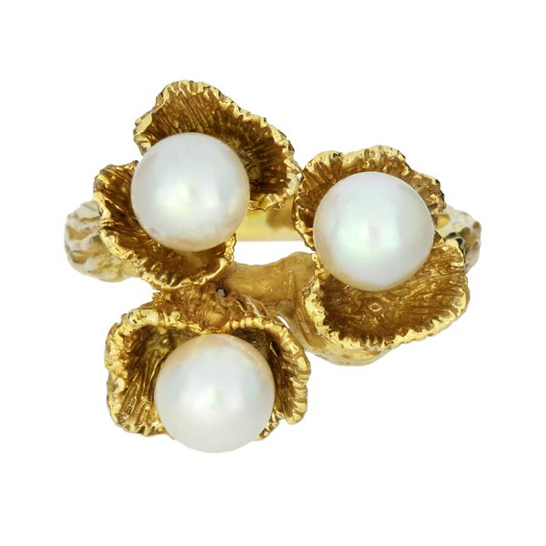 14K Yellow Gold Pearls Textured Ring