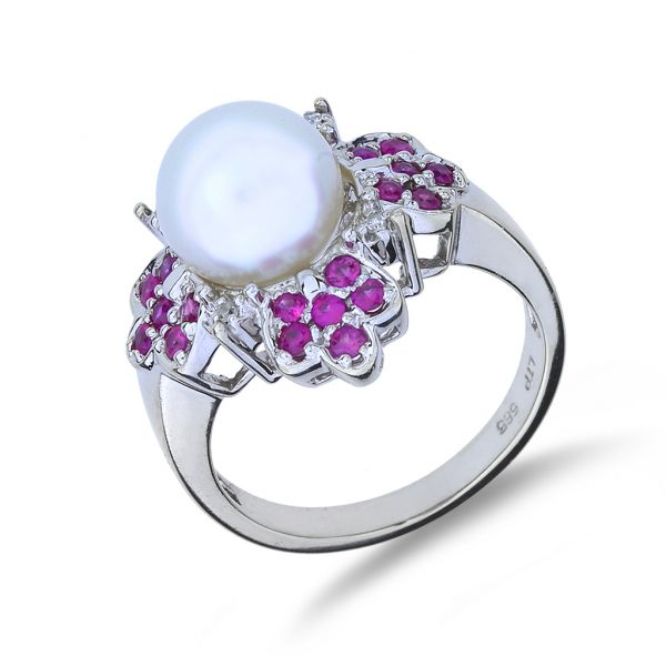 14K White Gold, Pearl, Diamond and Ruby Cocktail Ring Purple Creek Holly Springs, NC