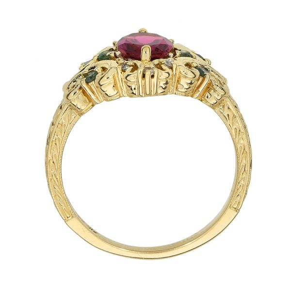 Vintage 14K Yellow Gold Pink Tourmaline, Alexandrite and Diamond Hand Engraved Filagree Ring Image 5 Purple Creek Holly Springs, NC