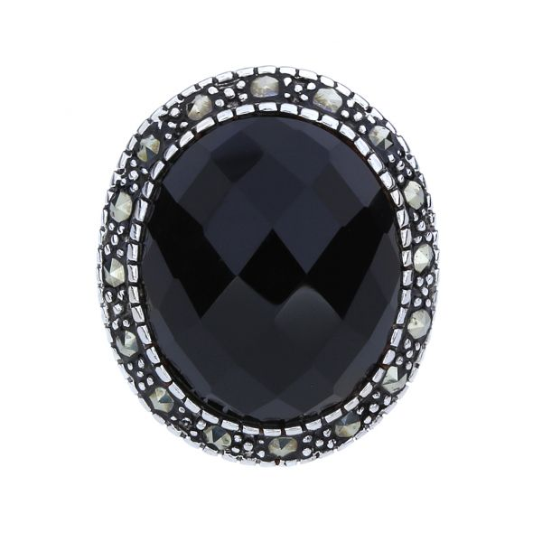 Sterling Checkerboard Black Onyx with Marcasite Halo Ring Image 3 Purple Creek Holly Springs, NC