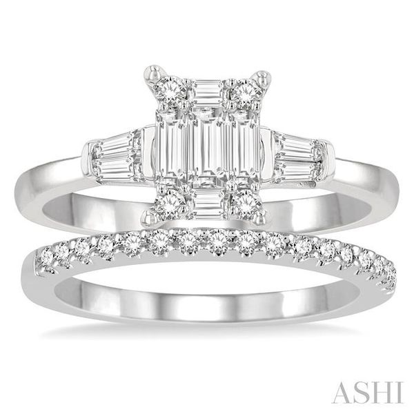 3/4 ctw Fusion Baguette & Round Cut Diamond Wedding Set With 1/2 ctw Tapered Tri-Mount Engagement Ring and 1/6 ctw Wedding Band  Image 2 Robert Irwin Jewelers Memphis, TN