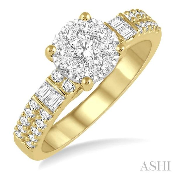 7/8 Ctw Round and Baguette Diamond Lovebright Engagement Ring in 14K Yellow and White gold Robert Irwin Jewelers Memphis, TN
