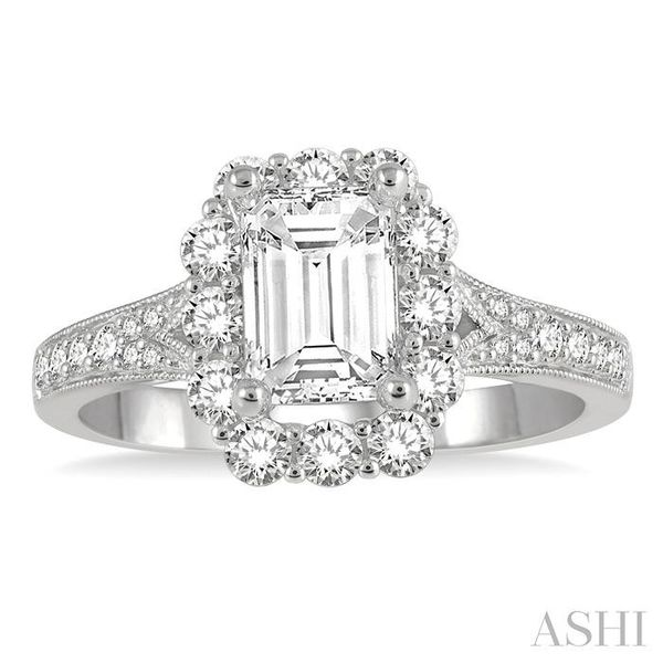 5/8 ctw Emerald Shape Round Cut Diamond Semi-Mount Engagement Ring in 14K White Gold Image 2 Robert Irwin Jewelers Memphis, TN