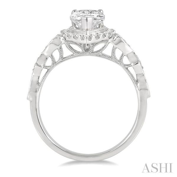 3/4 ctw Carved Shank Round Cut Diamond Engagement Ring With 3/8 ct Pear Cut Center Stone in 14K White Gold Image 3 Robert Irwin Jewelers Memphis, TN