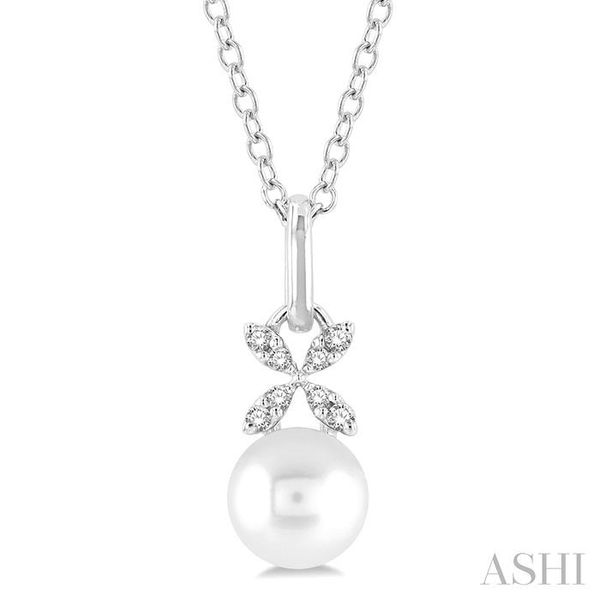 1/50 ctw Petite Floral Round Cut Diamond and 6X6MM Pearl Fashion Pendant With Chain in 10K White Gold Robert Irwin Jewelers Memphis, TN
