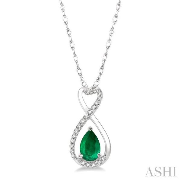 1/10 ctw Eternity 6X4MM Pear Cut Emerald and Round Cut Diamond Precious Pendant With Chain in 10K White Gold Robert Irwin Jewelers Memphis, TN